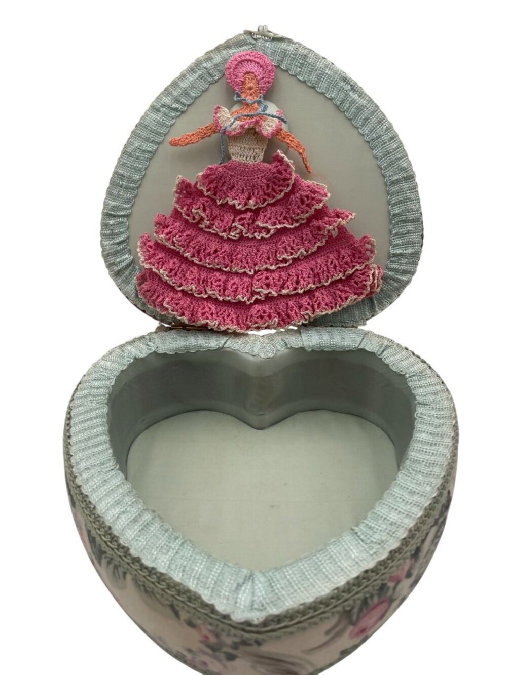 Heart-Shaped Floral Fabric Jewelry Box With Crocheted Lady Pink & Mint Green 7"